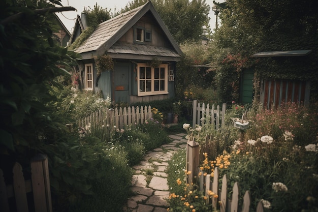 Uma pequena casa com uma cerca de estacas e um caminho de jardim.