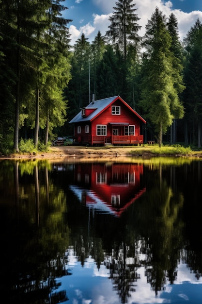 Uma pequena casa de madeira em uma floresta de coníferas na margem de um lago Um lugar para privacidade e fuga da agitação da cidade Casa em um parque nacional na margem de um lago pitoresco