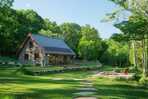 Uma pequena casa de pedra no meio de um campo gramado