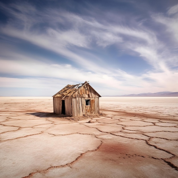 Uma pequena casa fica no meio de um deserto com um céu nublado ao fundo