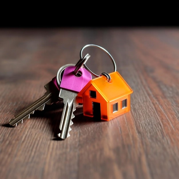 Uma pequena casa laranja com uma pequena chave em uma mesa de madeira.