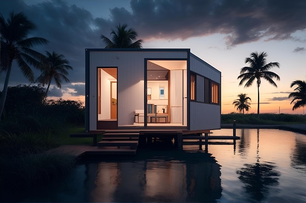 Uma pequena casa modular tropical com uma paisagem aquática