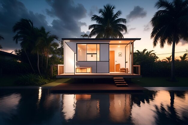 Uma pequena casa modular tropical com uma paisagem aquática
