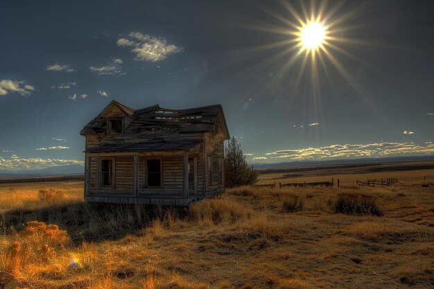 Uma pequena casa num campo com o sol a brilhar no horizonte.