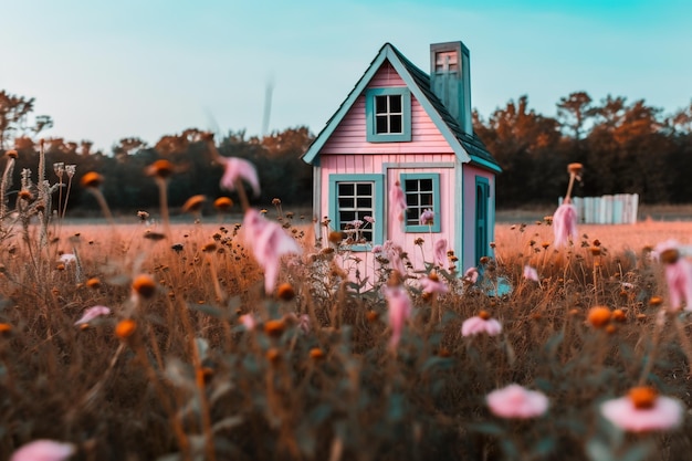 Uma pequena casa rosa em um campo de flores generativa imagem ai