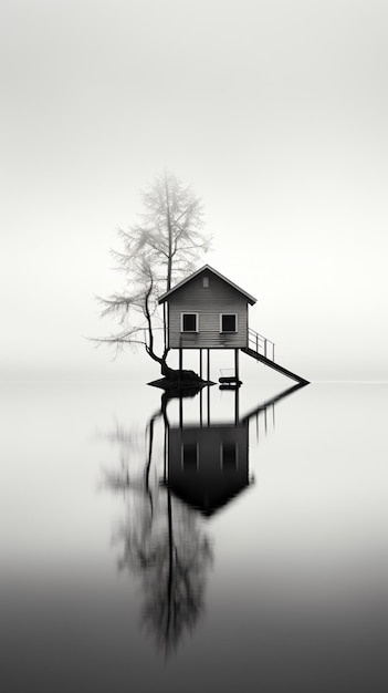 uma pequena casa situada no topo de um lago