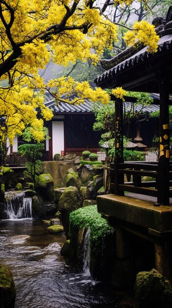 Foto uma pequena cascata em um jardim japonês com uma cascata ao fundo