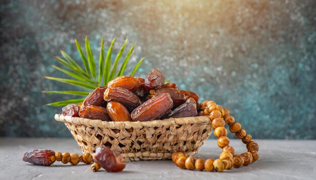 Uma pequena cesta cheia de frutas sagradas de tâmaras orgânicas foto do Ramadan com tâmaras árabes