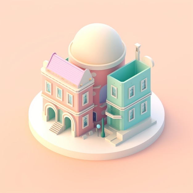 Uma pequena cidade com um telhado rosa e uma grande cúpula ao fundo.
