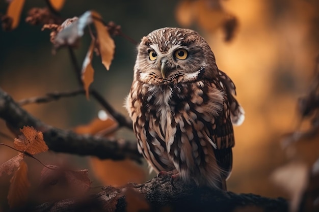 Uma pequena coruja senta-se em um galho em uma floresta dourada de outono Generative AI