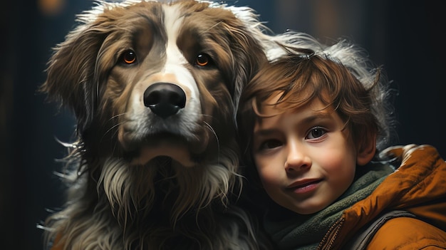 Uma pequena criança feliz senta-se ao lado de um grande cão de bom humor e abraça-a em close-up de um rosto