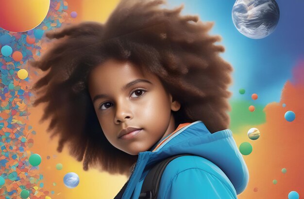 Uma pequena criança negra no fundo de um mapa com planetas celebrando o dia da terra