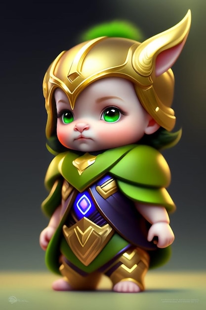 Uma pequena estatueta de bebê com uma roupa verde e dourada e a palavra thor nela.