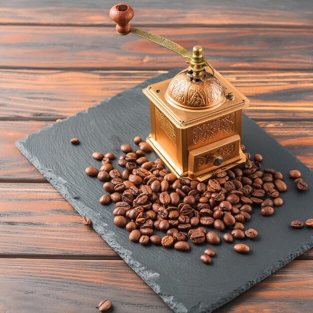 uma pequena estatueta senta-se em uma tábua de corte preta com grãos de café