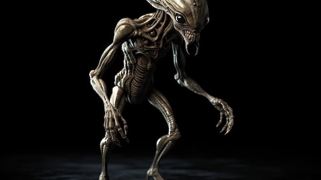 Uma pequena figura alienígena com uma cabeça grande e uma boca grande.