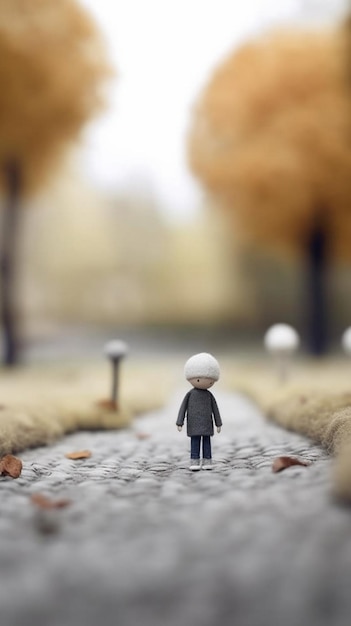 Uma pequena figura caminha por um caminho com árvores ao fundo.