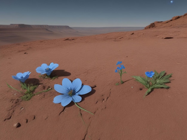 Uma pequena flor azul brotando na beira de uma montanha de Marte