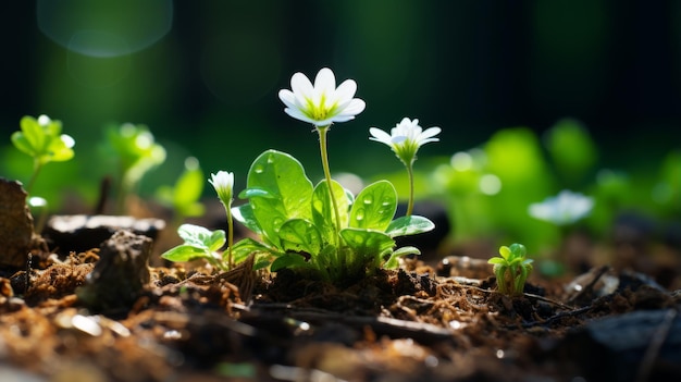 uma pequena flor branca está crescendo no chão