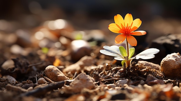 Foto uma pequena flor de laranjeira está crescendo no chão