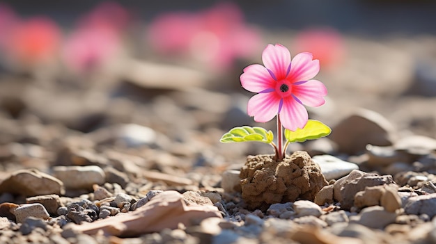 Foto uma pequena flor rosa está crescendo no chão