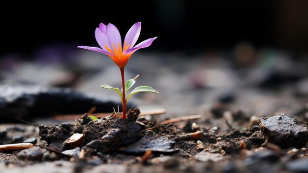 uma pequena flor roxa está crescendo no chão