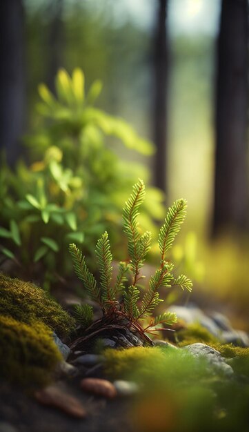 Uma pequena floresta com musgo e samambaias crescendo nas rochas