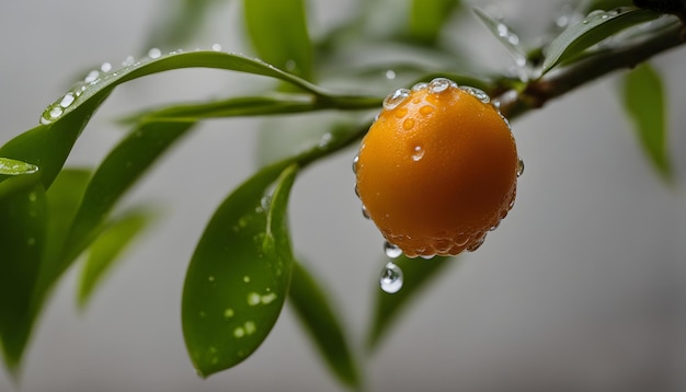 uma pequena fruta laranja está em um ramo com gotas de água