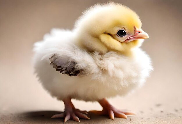 uma pequena galinha amarela e branca está de pé em uma superfície marrom
