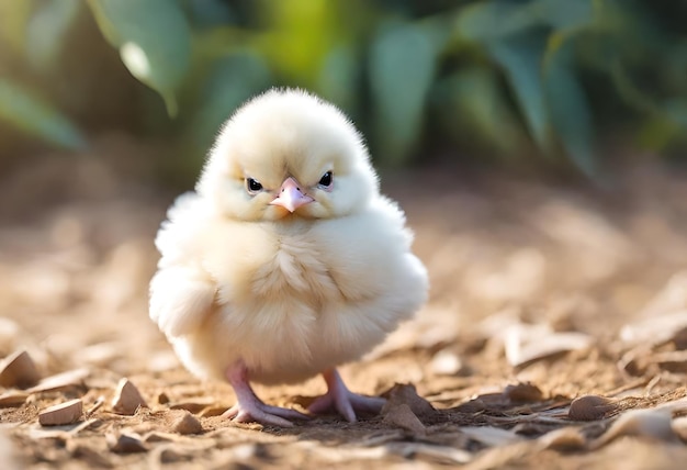 uma pequena galinha amarela está de pé na sujeira