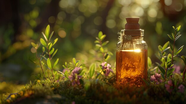 Uma pequena garrafa de líquido de âmbar está aninhada entre a folhagem exuberante com a luz dourada do sol filtrando através destacando a essência da natureza