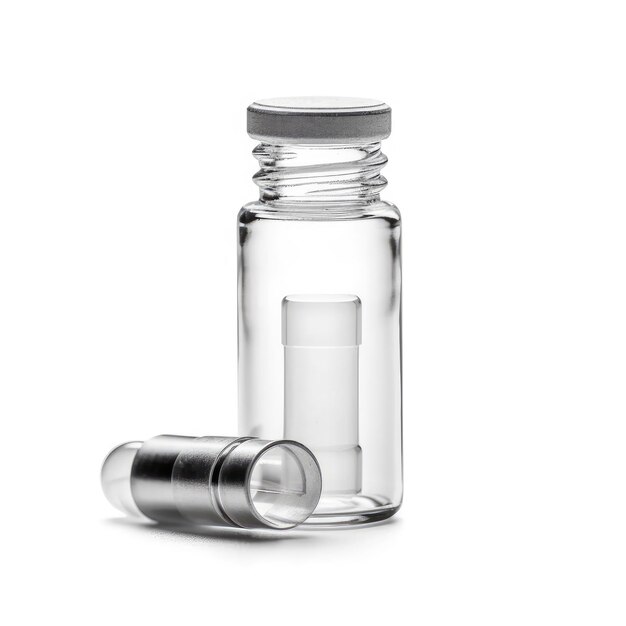 Uma pequena garrafa de vidro com uma tampa prateada e uma tampa prateada sobre um fundo branco.