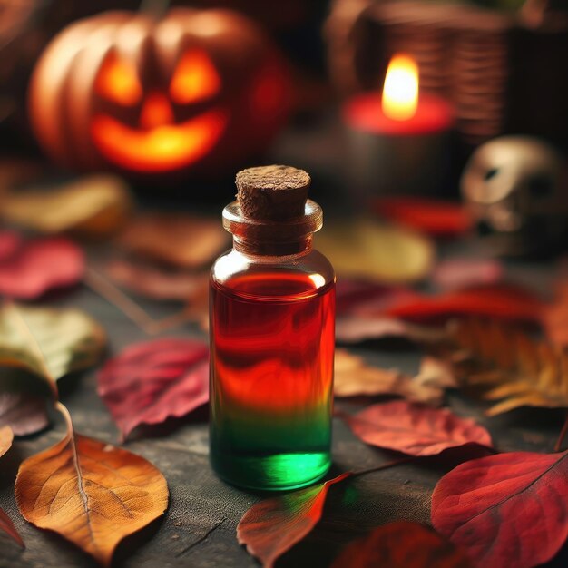 Uma pequena garrafa de vidro contendo um líquido que passa de verde no fundo para vermelho no topo