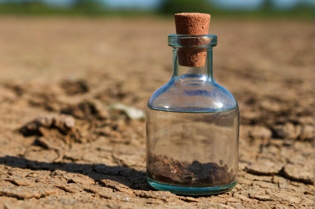 uma pequena garrafa numa terra seca