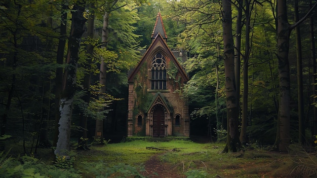 Uma pequena igreja abandonada fica no meio de uma densa floresta. A igreja é feita de pedra cinzenta com uma grande porta de madeira.