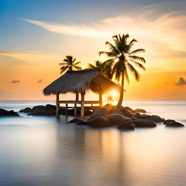Uma pequena ilha com telhado de palha e palmeiras no horizonte.