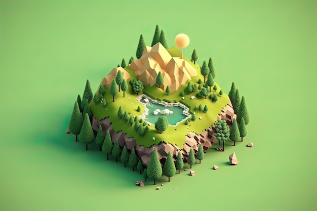 Uma pequena ilha com um lago e árvores.