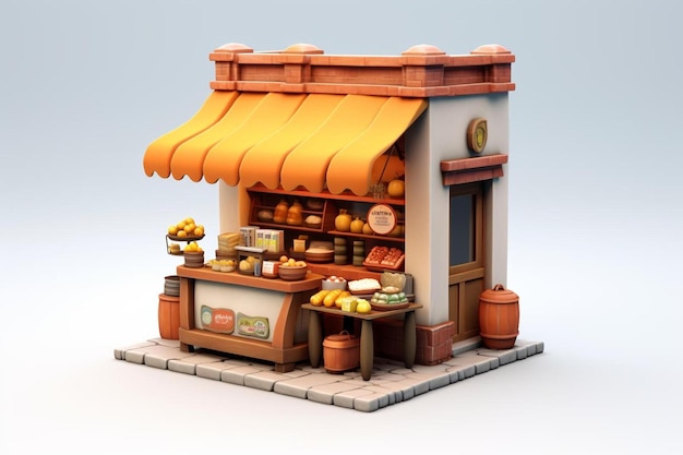 Uma pequena loja com uma barraca de comida e um letreiro que diz " comida ".