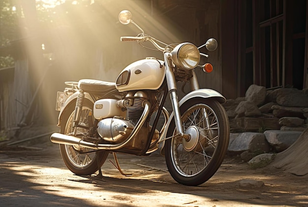 uma pequena motocicleta está estacionada em uma estrada de cascalho no estilo de luz branca e bronze