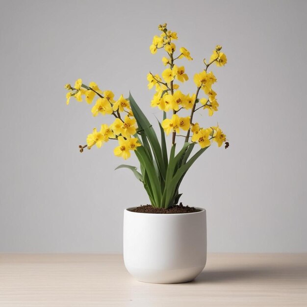 Foto uma pequena panela branca com flores amarelas em uma mesa