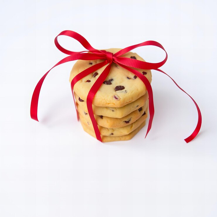 Foto uma pequena pilha de biscoitos de natal amarrados com uma fita vermelha isolada em um fundo branco