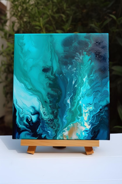 Uma pequena pintura de uma pintura abstrata azul e verde.