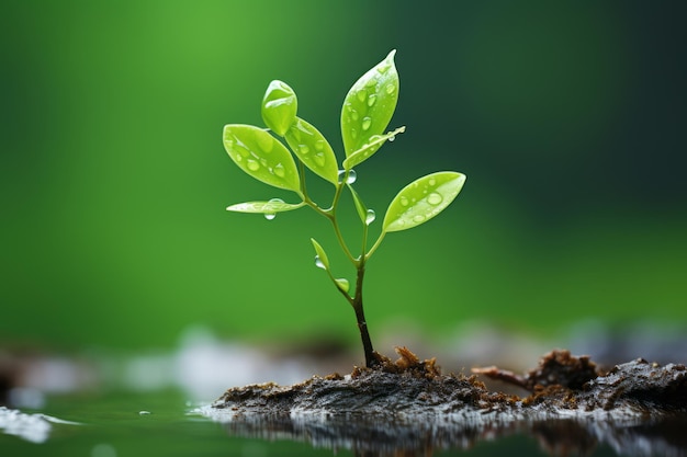 uma pequena planta brotando do chão em uma poça de água