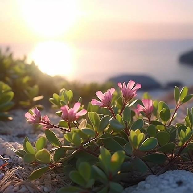 Uma pequena planta com flores rosas em primeiro plano é uma vista para o mar.