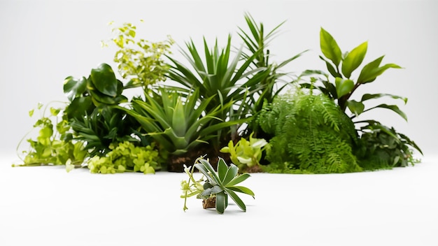 uma pequena planta com folhas verdes e flores em um fundo branco