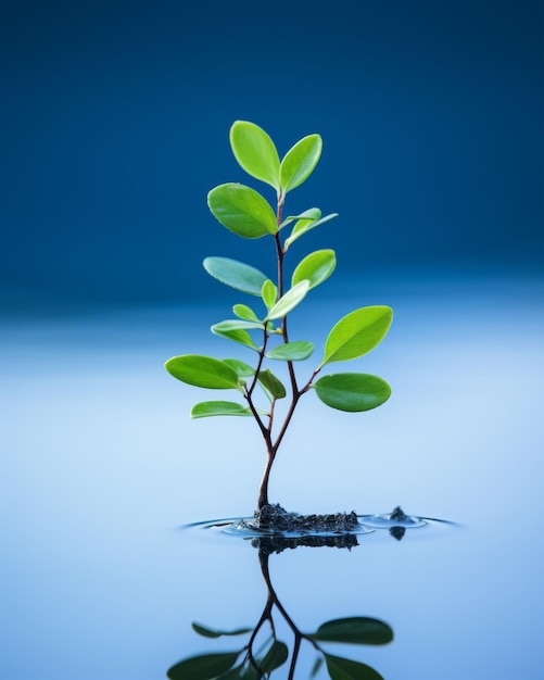 uma pequena planta crescendo fora da água em um fundo azul