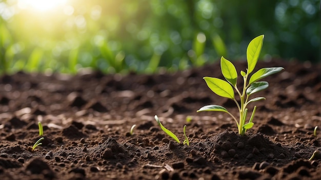 uma pequena planta crescendo na terra com o sol atrás dela