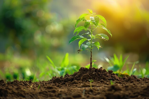 uma pequena planta crescendo no solo com o sol brilhando através das folhas