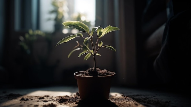 Uma pequena planta em uma panela com a luz brilhando sobre ela