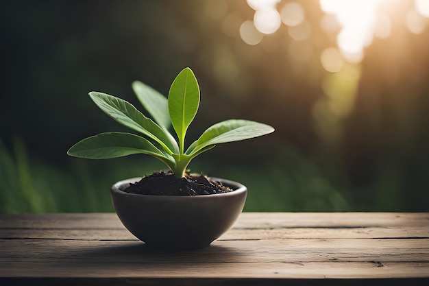 Uma pequena planta em uma tigela sobre uma mesa de madeira