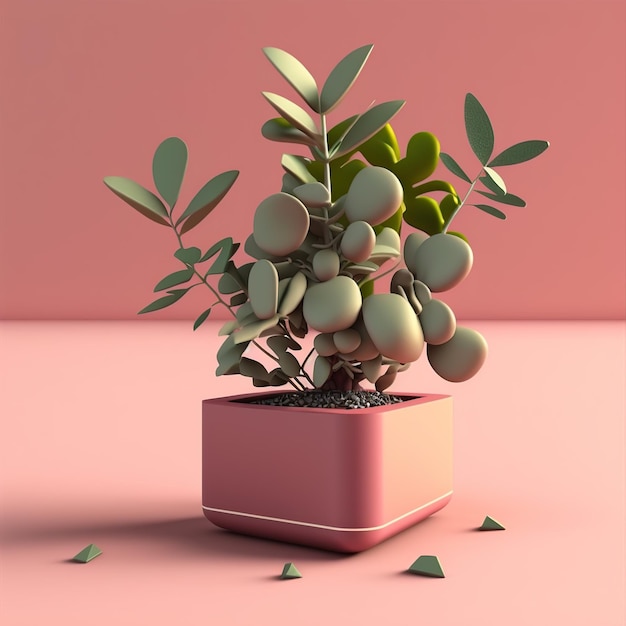 Uma pequena planta em vaso em uma superfície rosa renderização 3D Ilustrações generativas de IA